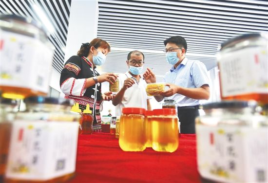 5月25日，海南湾岭农产品加工物流园展示大厅，琼中群生养蜂产销农民专业合作社社员交流蜜蜂养殖经验。 见习记者 王程龙 摄